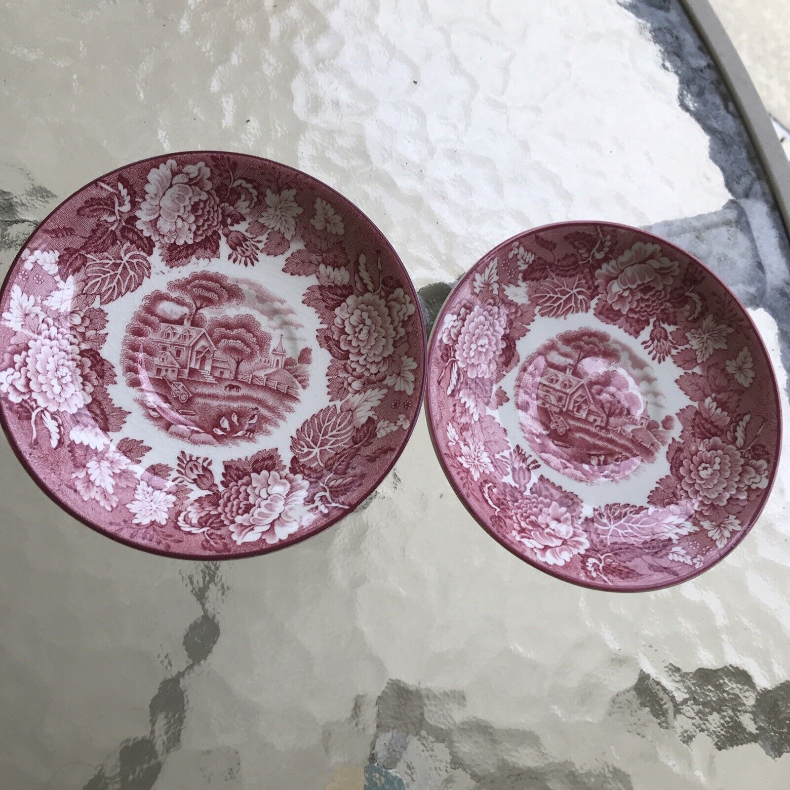 Vintage Enoch Woods Sons English Scenery Pink Red Transferware saucer Plates 2