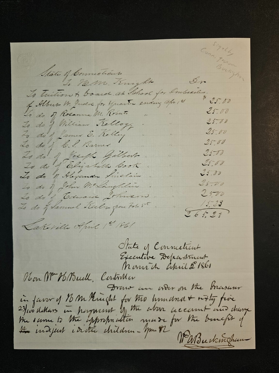 1861 Gov Wm A Buckingham Signed CT Document School for Imbeciles