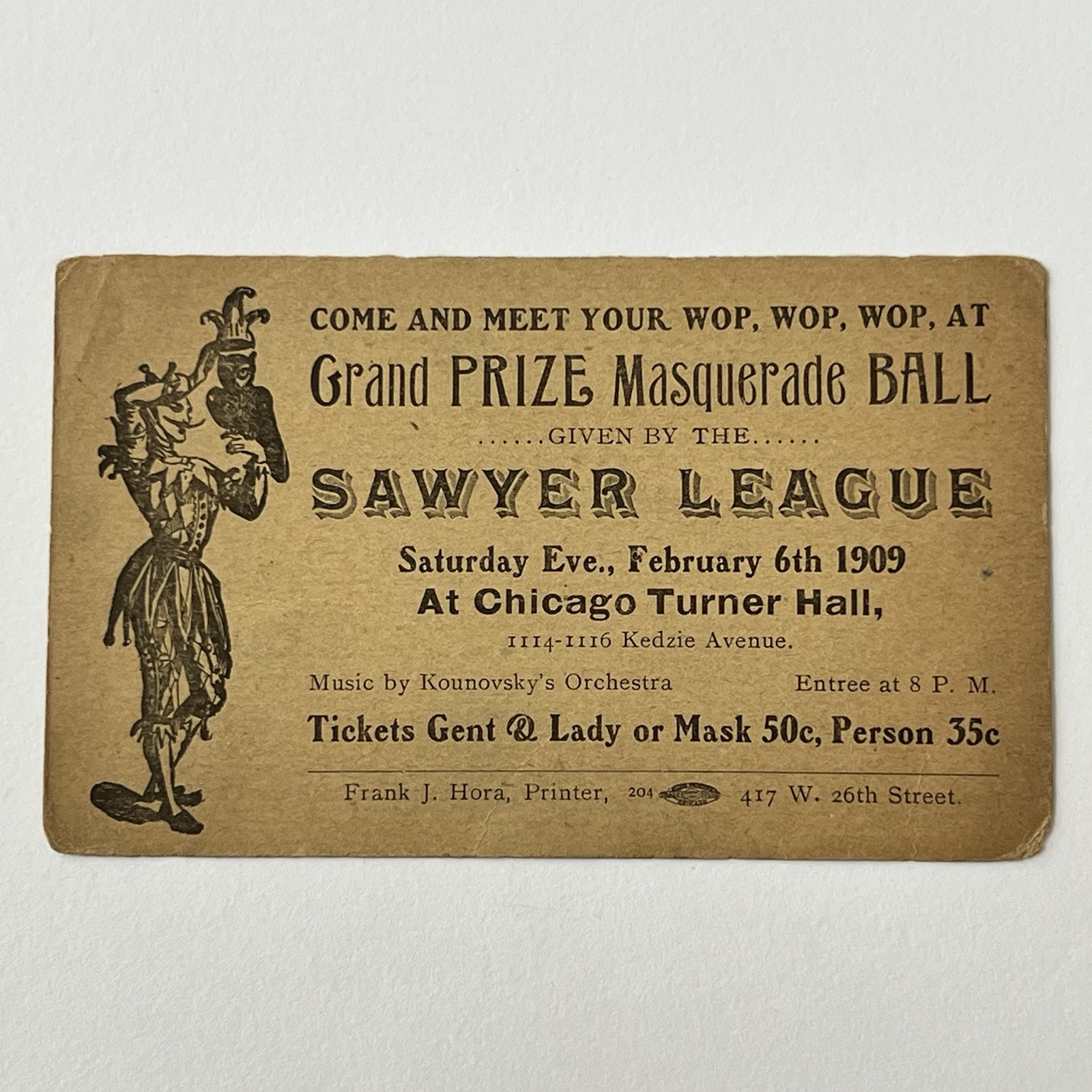 Antique Ephemera Masquerade Dance Ball Promotional Card Chicago IL Jester Owl