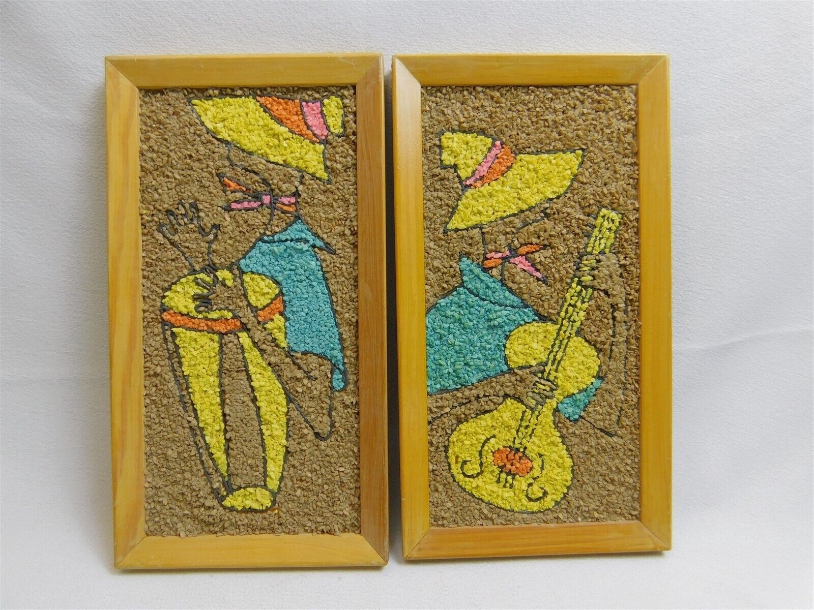 Pair Vtg Gravel Art Wall MCM Mosette Gravel Musicians Caribbean Calypso 13
