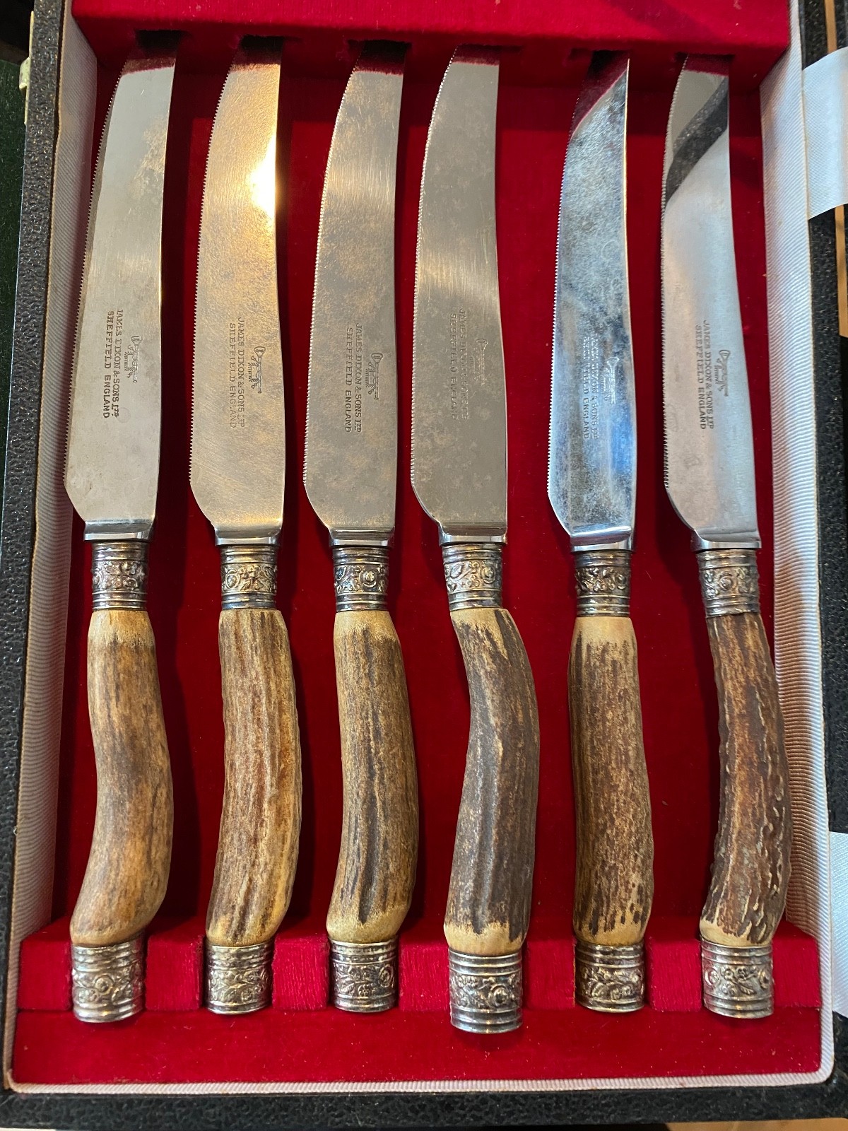 Antique Sheffield English Horn and Silver Steak Knives Set of 6 JAMES DIXON &SON