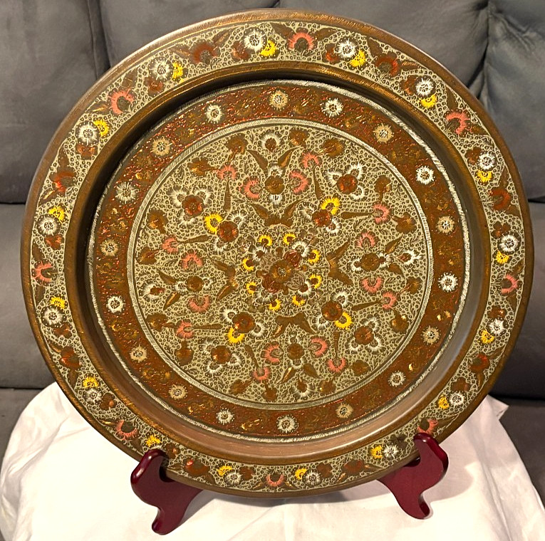 VTG 1970's Indian Meenakari Enameled Brass Tray-Multicolor w/Red Accents-13