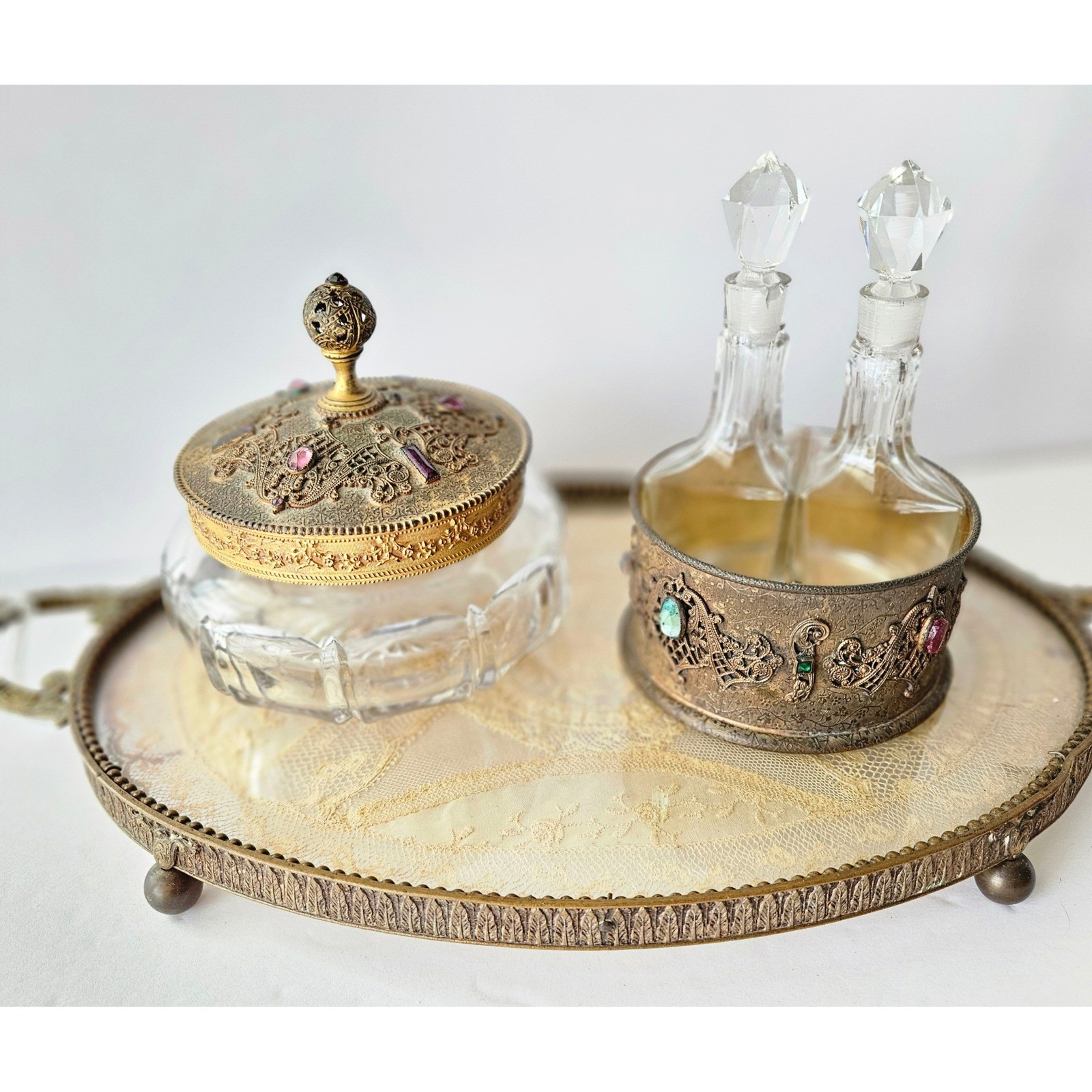 Antique E&J B Empire Art Gold Jeweled Vanity Set Tray Perfume Bottles Powder Jar