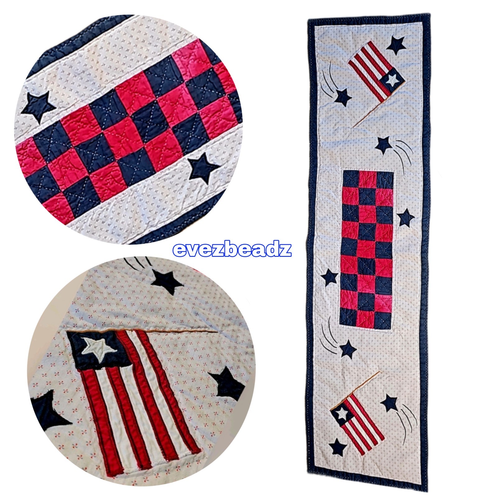 EvezBeadz Vintage Quilted Table Runner Americana Flag & Stars Checkerboard 48