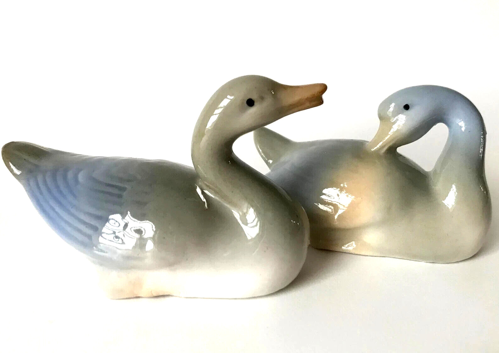 Geese Figurines Porcelain VTG. 1960's Rare Set Of 2 Muted Blue & Gray color RARE