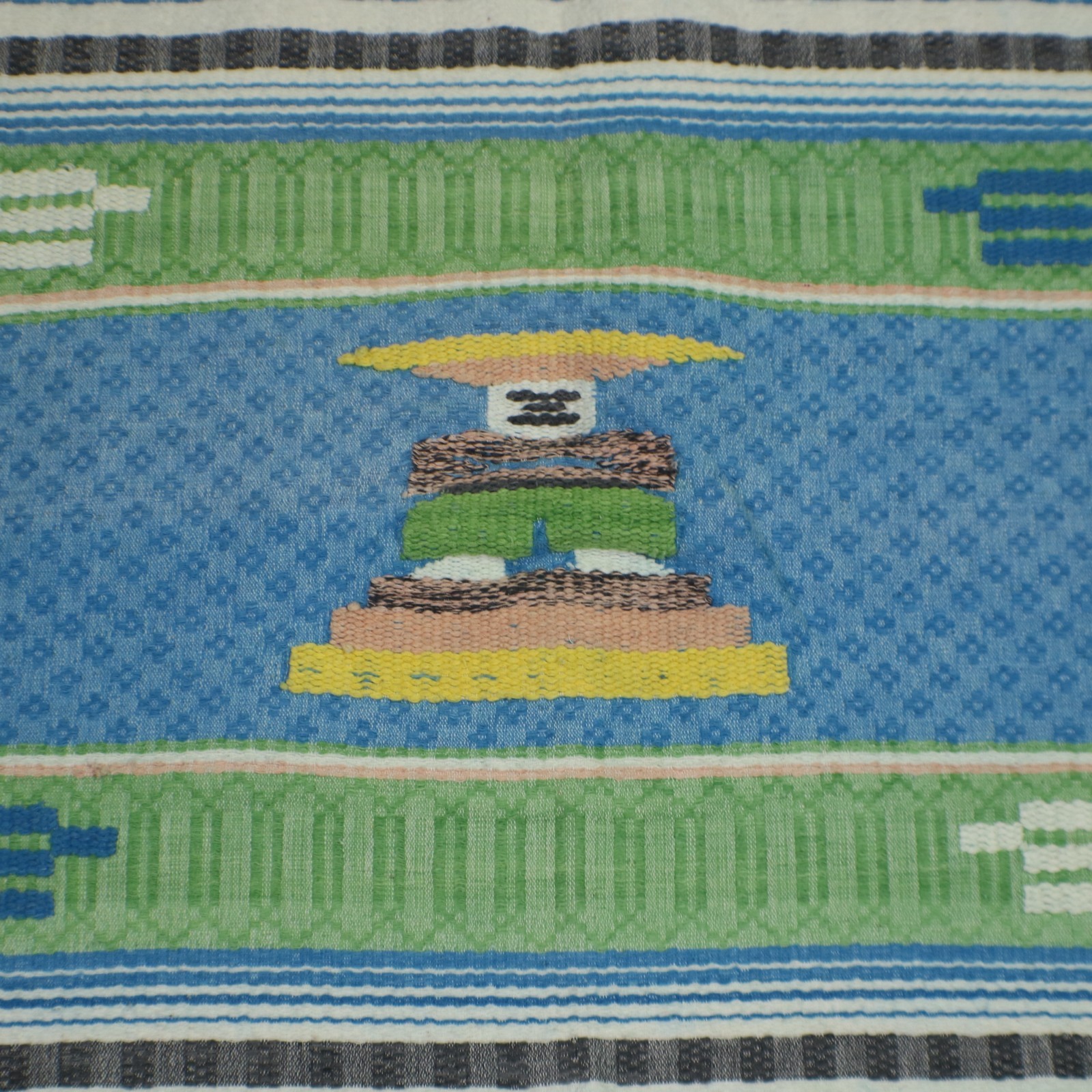 Mid Century Mexican Fringed Throw Blanket Aztec Idol Souvenir Tapestry 46x46