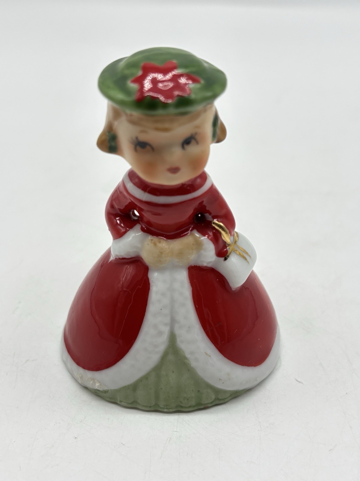 VTG Lefton Girl Christmas Bell Flat Green Hat Purse Red Dress #AR8753 RARE