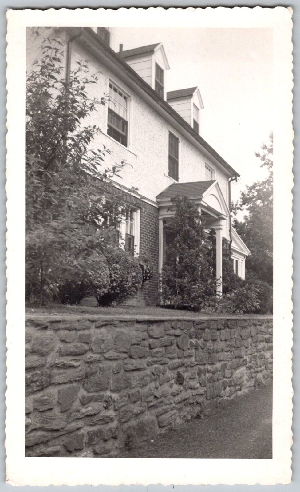 Vtg B&W Snapshot Brick Colonial Home Stone Retaining Wall Dormers 1940s Vtg B&W Snapshot Brick Colonial Home Stone Retaining Wall Dormers 1940s