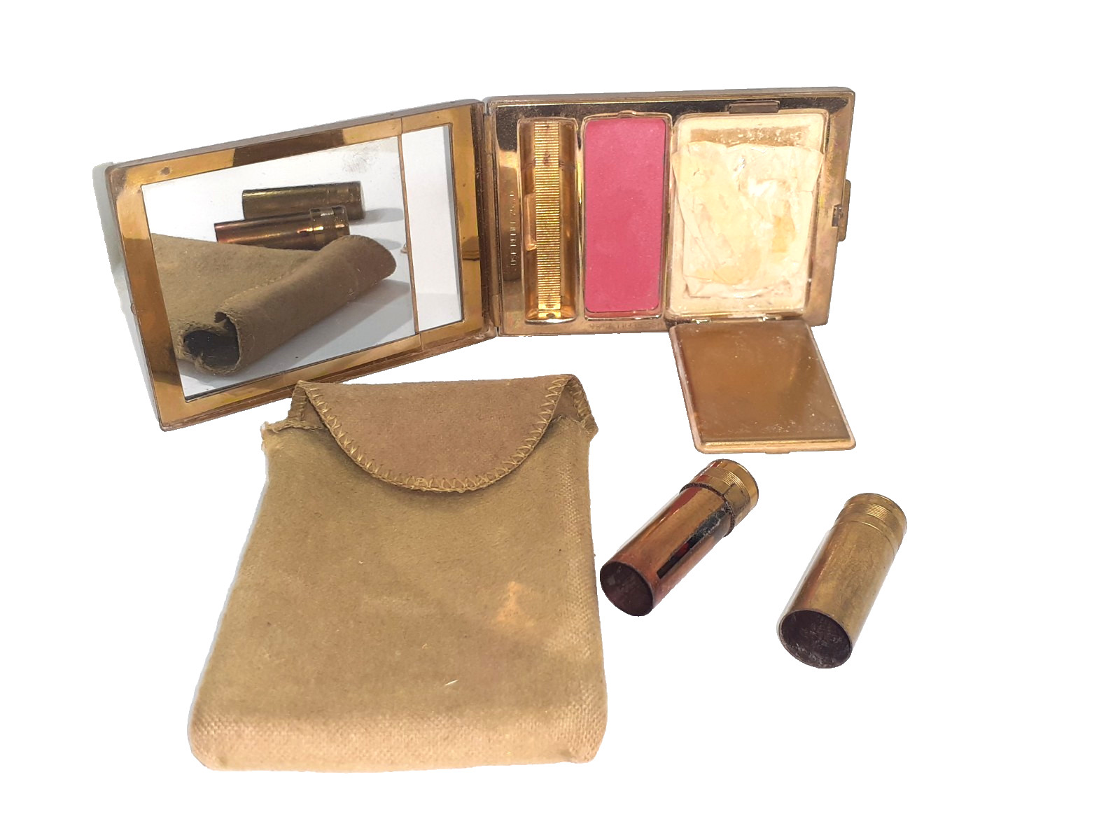 1940'S Bourgois New York Brass Makeup Compact Mirror Case Retro Vintage