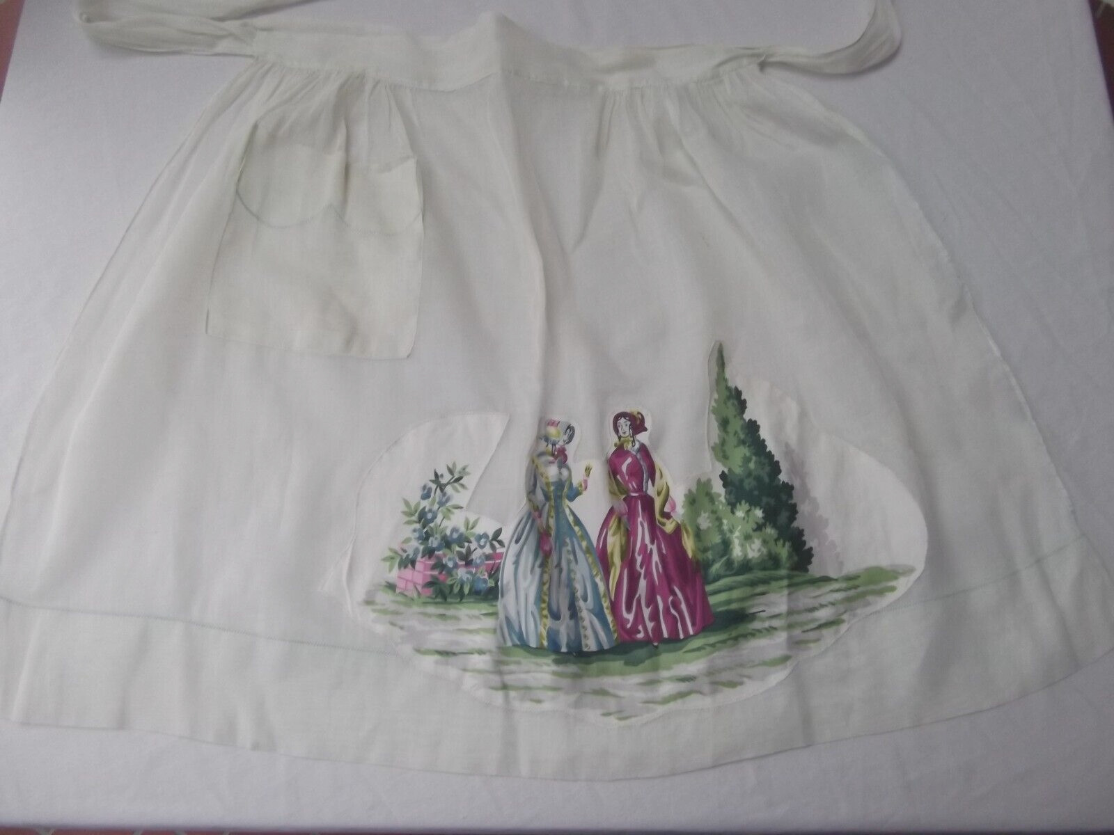 vtg 60s half apron pocket Colonial Southern women Victorian applique sheer