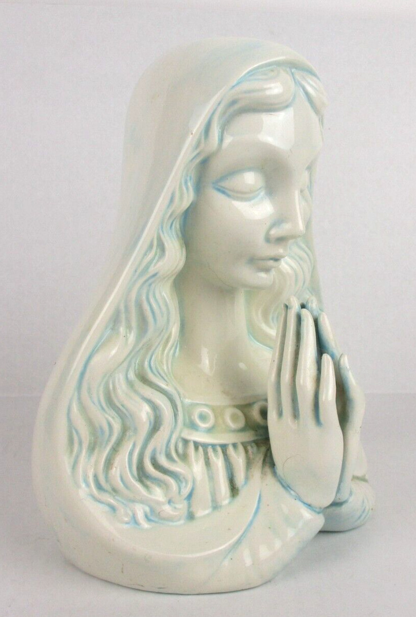Virgin Mary Praying Hands Statue Figure Ceramic Pure White Blue 9\