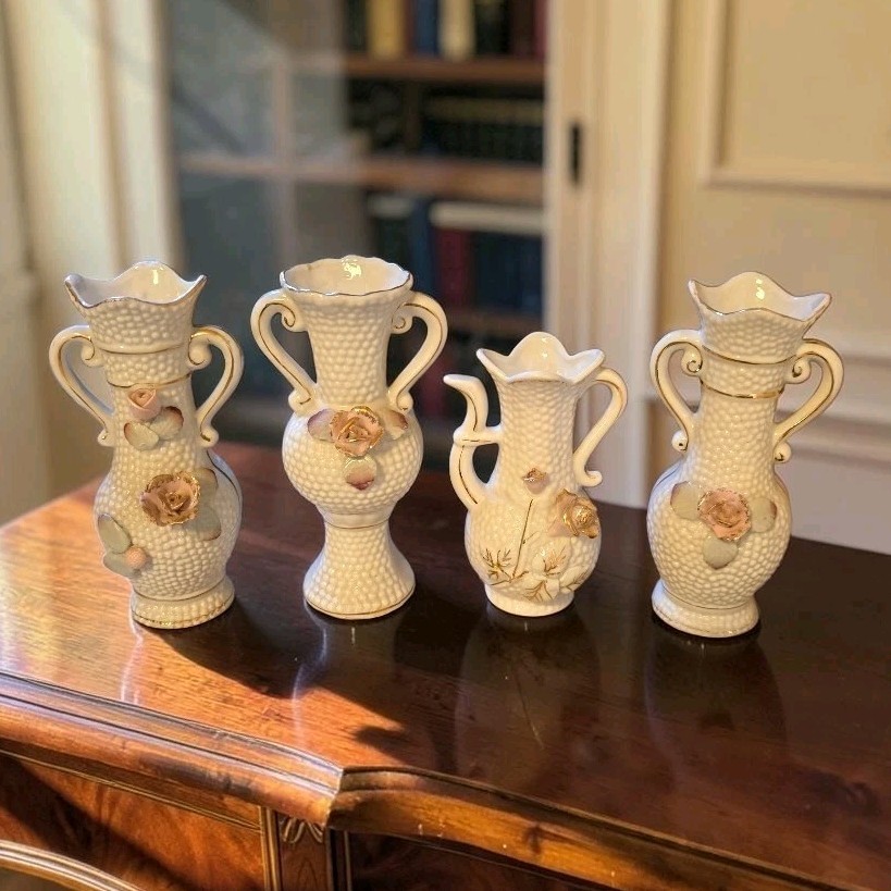 Set Of 4 Vintage Betson Porcelain Hobnail Bud Vases Gold Gilt Pink Roses Japan