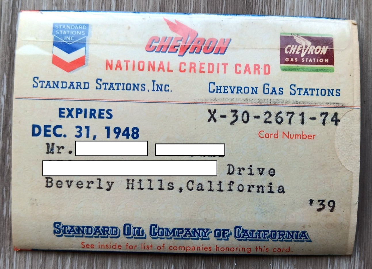 VTG 1948 Chevron Standard Paper National Credit Card Gas Oil