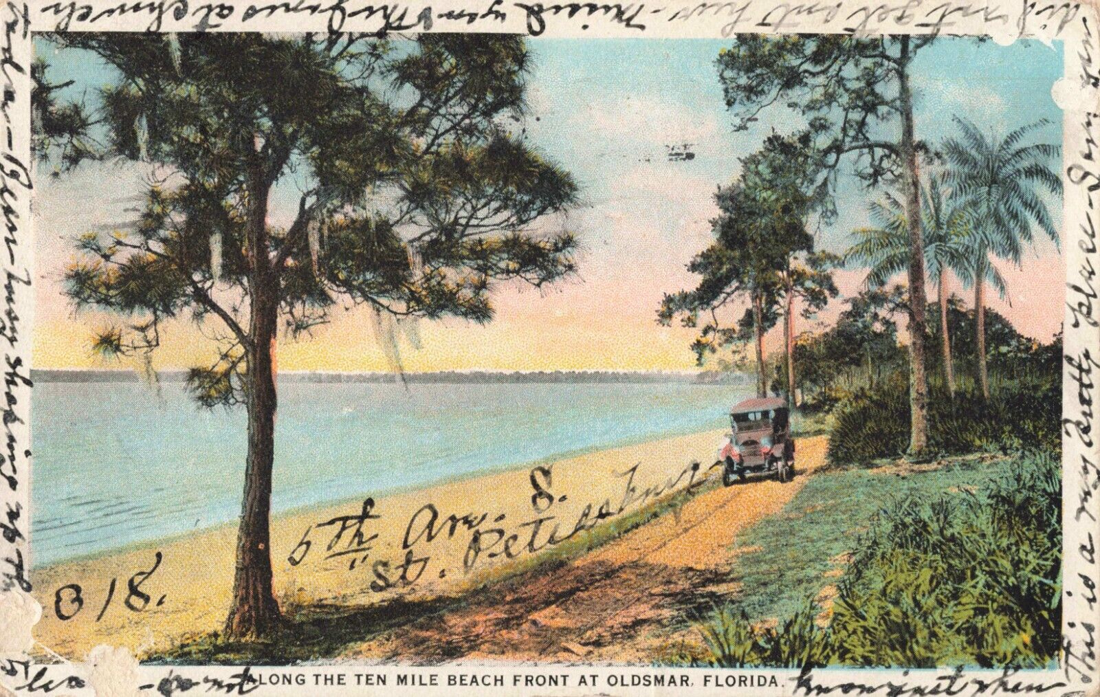 Oldsmar FL Florida, Along the Ten Mile Beach Front, Old Car, Vintage Postcard