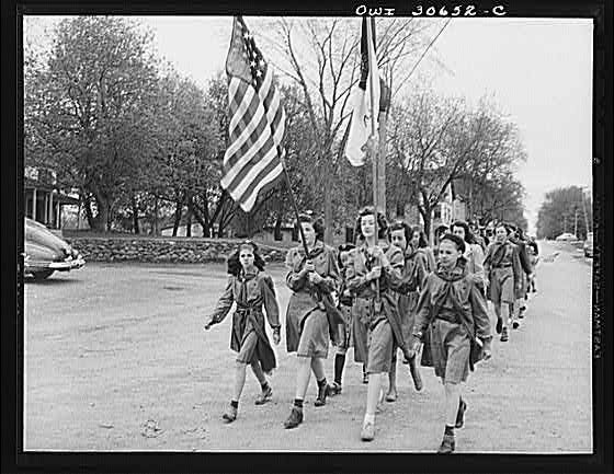 Photo:Ashland Maine 1940s Girl Scouts Marching Parade Through Streets