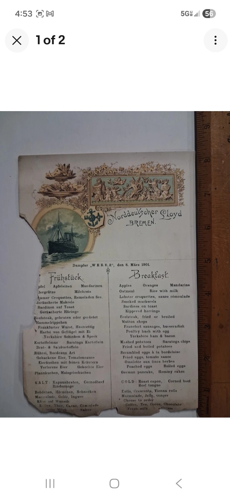 1901 Norddeutscher Lloyd MENU Breakfast English/German BREMEN Maritime
