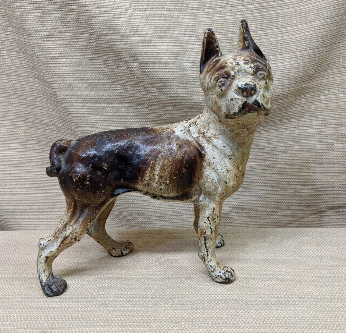 Antique Cast Iron Boston Terrier Right Facing Dog Doorstop Brown White Original