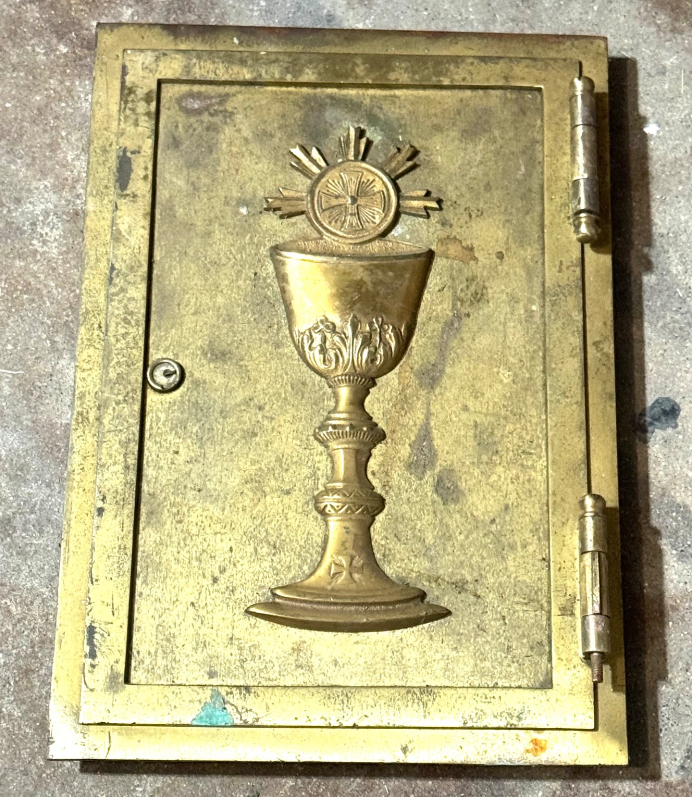 ~ANTIQUE CATHOLIC CHURCH ALTAR TABERNACLE DOOR W/ CHALICE DESIGN~