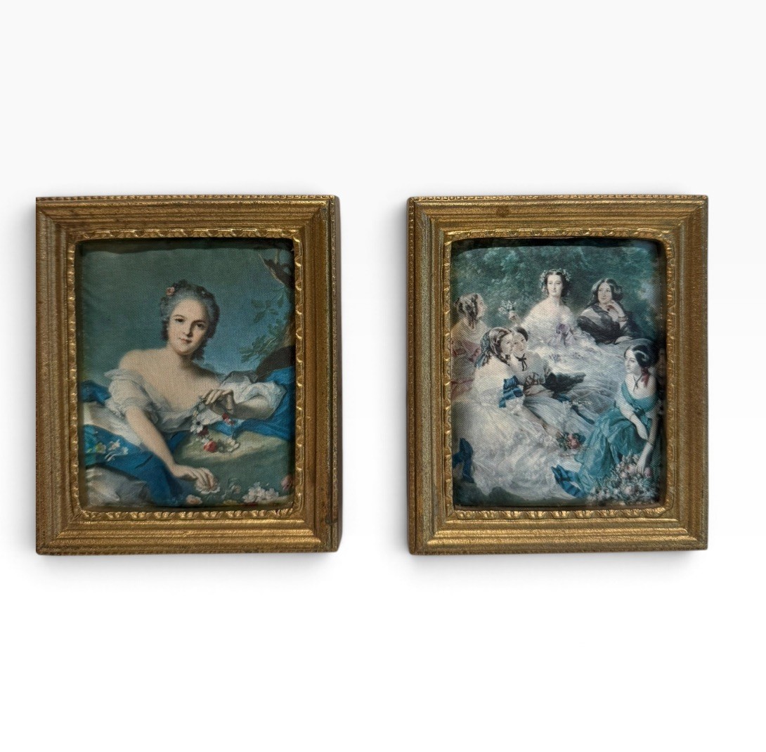 Set 2 Vintage Small Rococo Plastic Framed Puffed Satin Wall Art Italy Regency