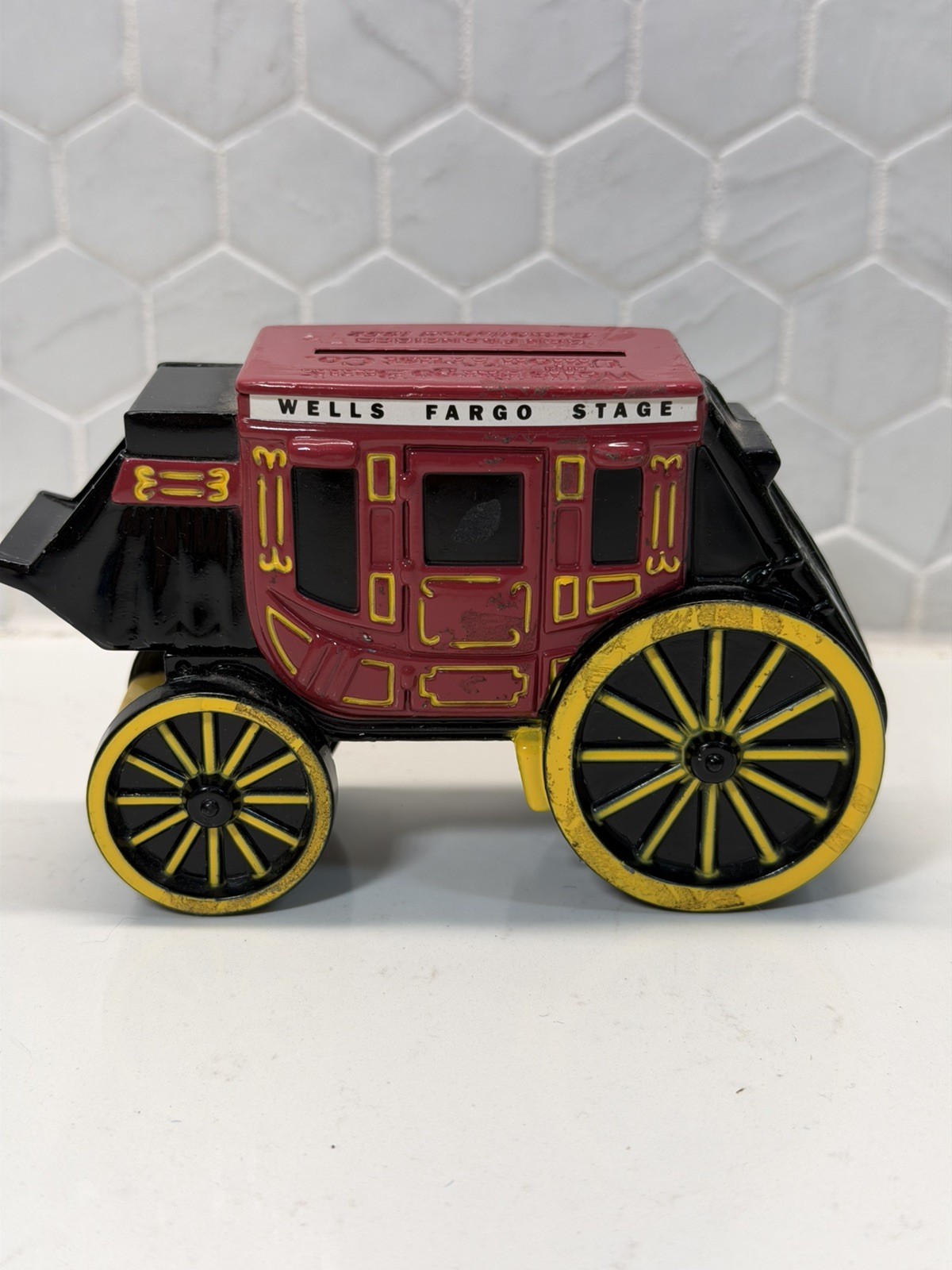 Vintage Wells Fargo Coin Bank Metal Stage Coach Coin Bank Coin Bank 5x3\