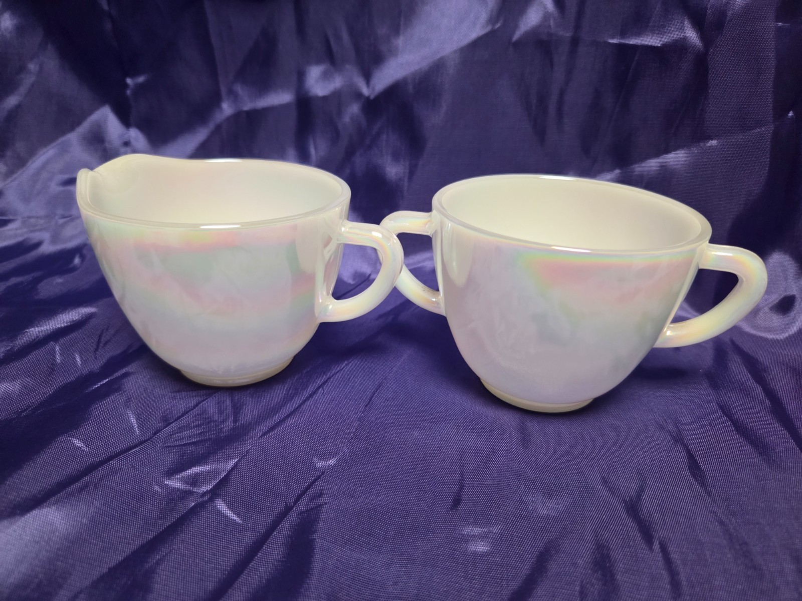 Vtg Federal Glass Moonglow White Iridescent Milk Glass Creamer and Sugar Bowl