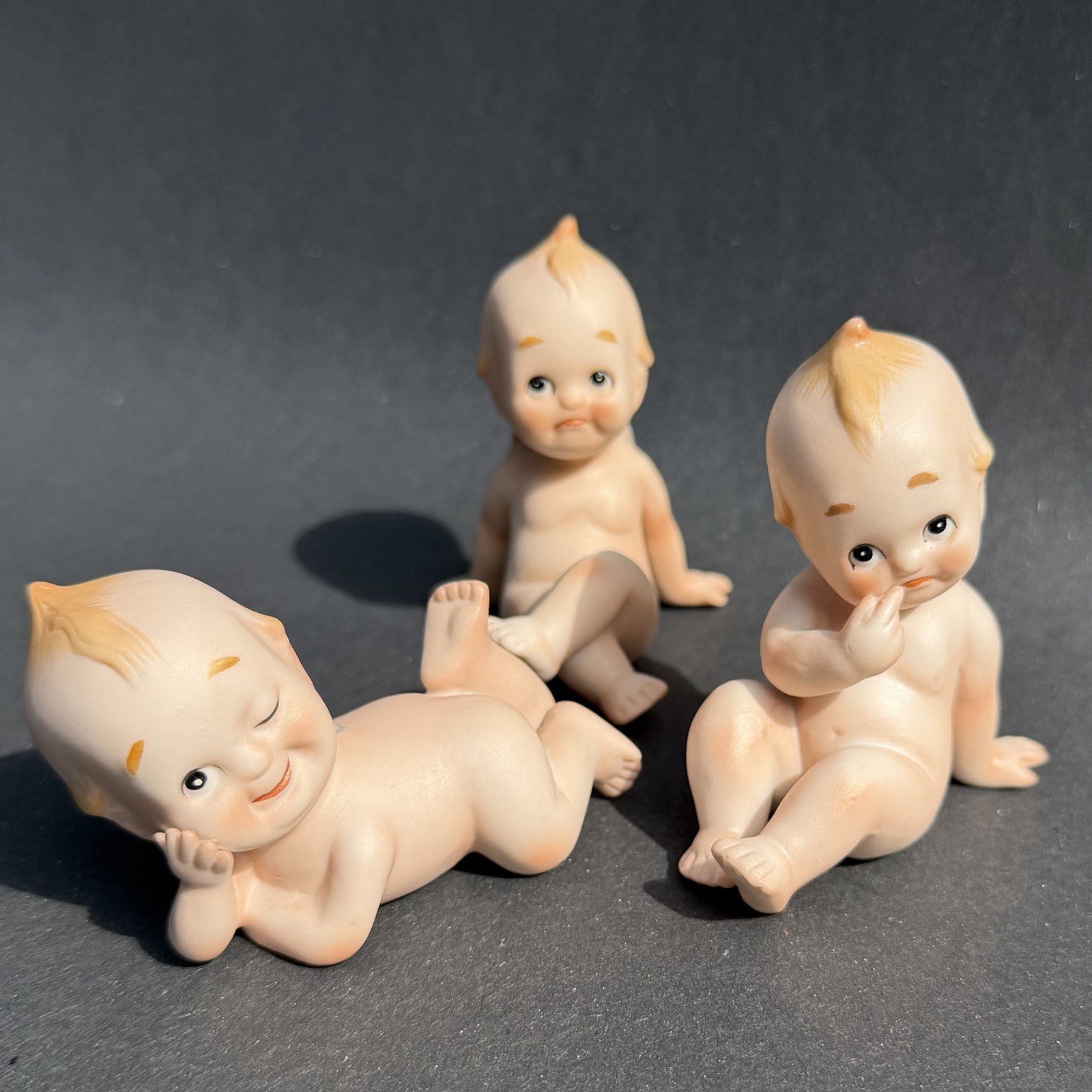 Vtg Lefton Kewpie Ceramic Figurines Set of 3 KW913 Bisque Japan Winker Pouter