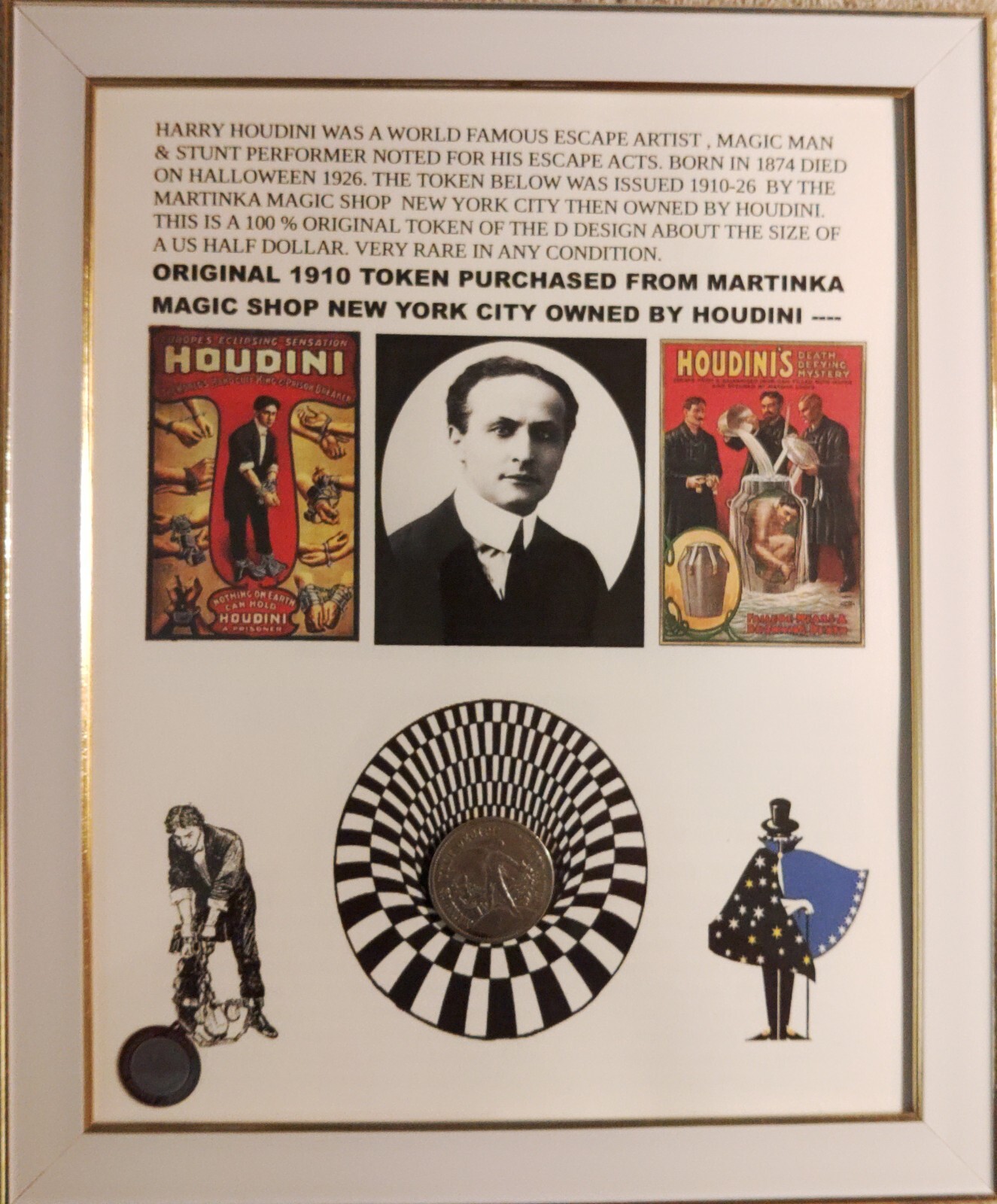 HOUDINI ORIGINAL MARTINKA MAGIC SHOP TOKEN FROM STORE OWNED BY HOUDINI FRAMED HOUDINI ORIGINAL MARTINKA MAGIC SHOP TOKEN FROM STORE OWNED BY HOUDINI FRAMED