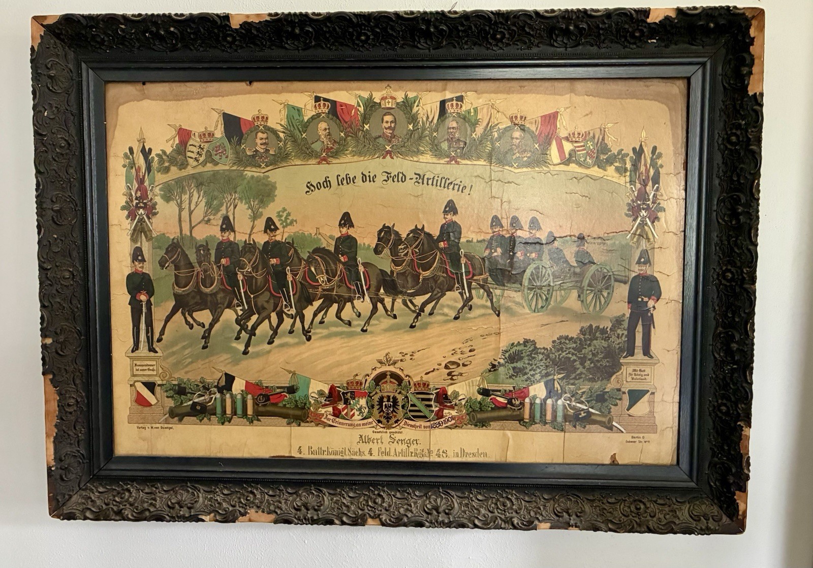Antique German Military Commemorative Framed Lithograph Senger Feld Artillery Antique German Military Commemorative Framed Lithograph Senger Feld Artillery
