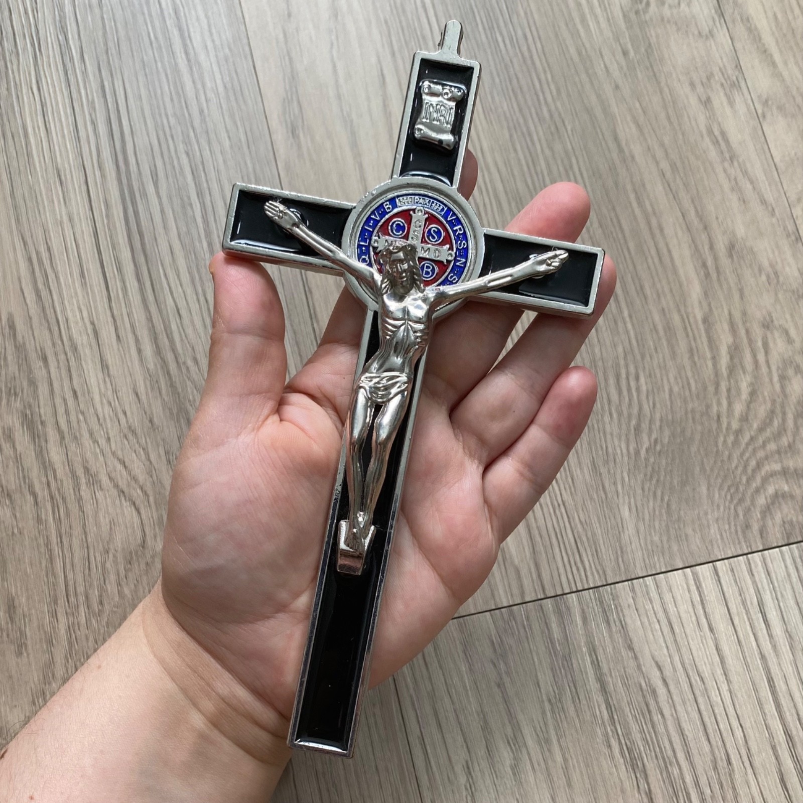 St Benedict Black Silver Enamel Wall 7.5” Cross Crucifix Catholic Crucifijo Cruz