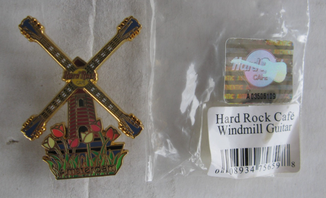Hard Rock Cafe Amsterdam Windmill Guitar pinback with moving arms