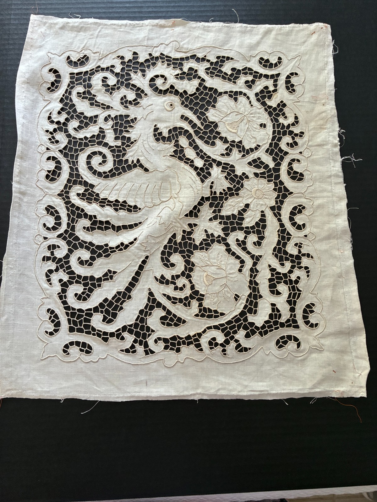 Exquisite Antique Linen Hand Embroidered  & Cutwork Exotic Bird/Floral Textile