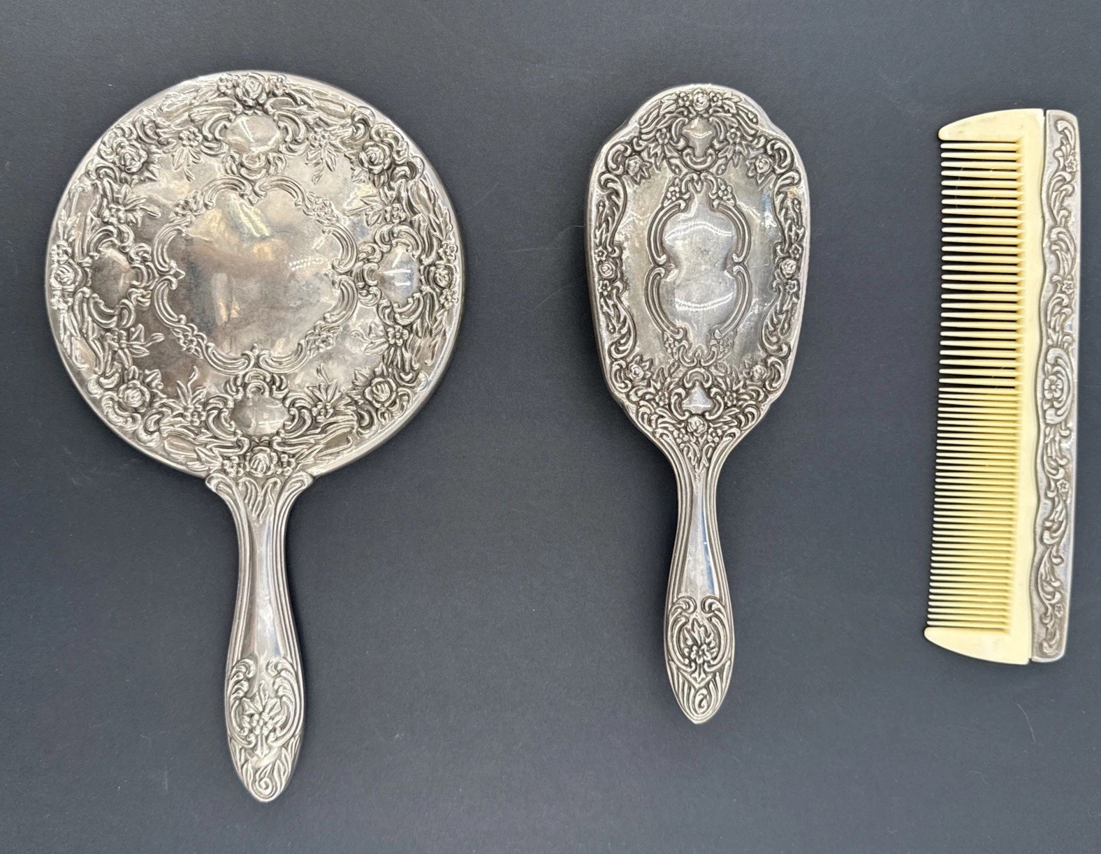 Vintage 3 Pc Silver Tone Vanity Set Hand Mirror Brush Comb Ornate Floral