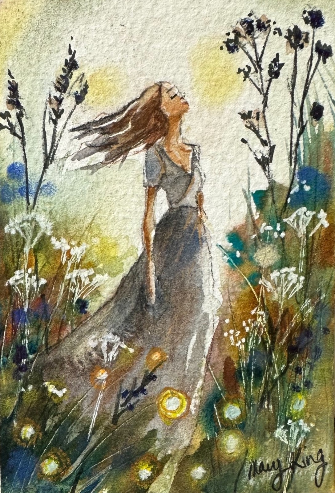 Original Watercolor ACEO Painting by Mary King -  Garden Dreaming - woman