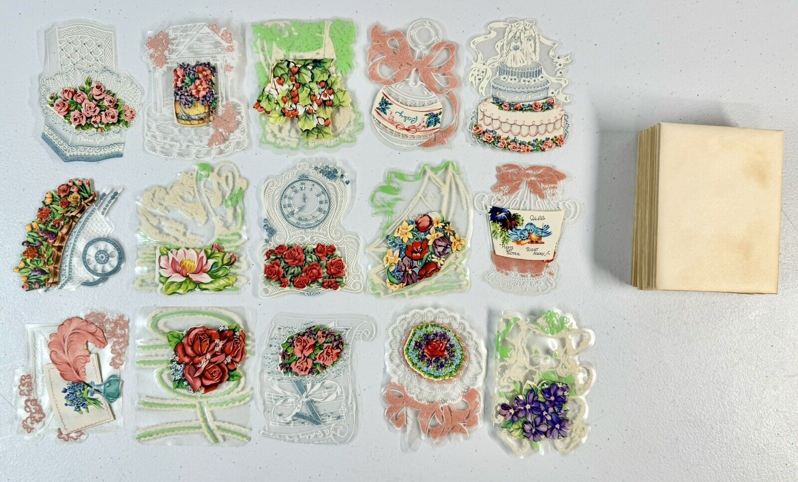 Vintage 1950’s Lot of 15 Clear Plastic Note Cards Unused w/Envelopes Flocked