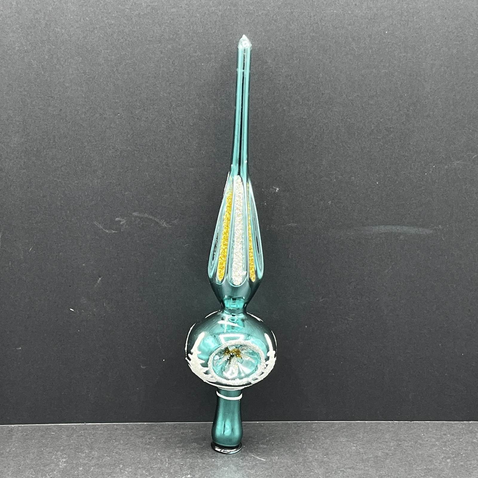 Vtg Mercury Glass Triple Indent Reflector Emerald Teal Mica Snow 10.5\
