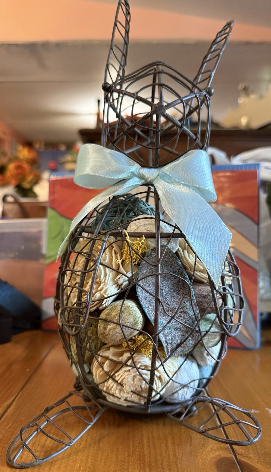 Wire Bunny with A Smile Egg Basket 13 Inches Tall Light Blue Bow Fillers Spring