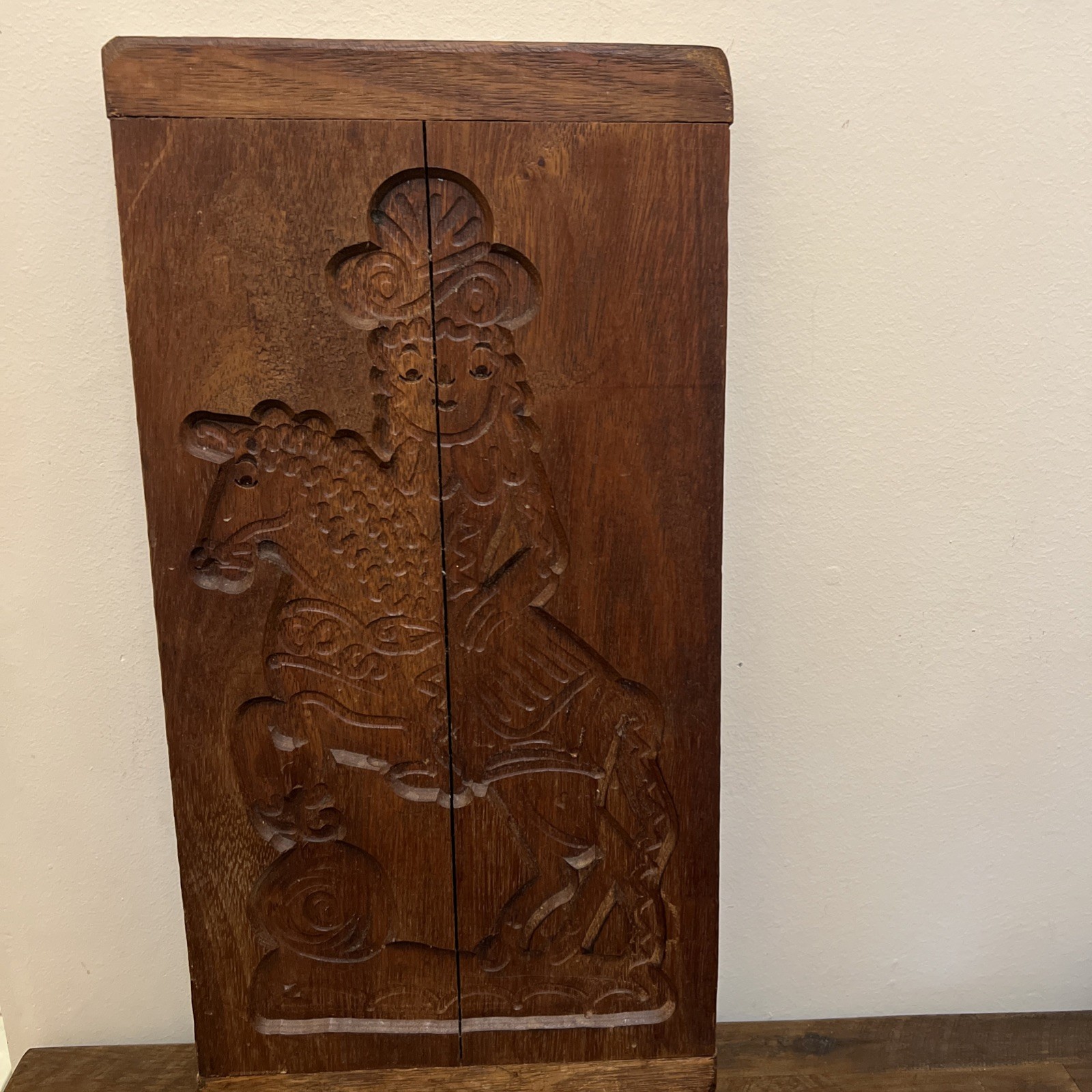 Antique Hand Carved Wooden Cookie Mold Horse Rider Springlere Speculaas Folk Art