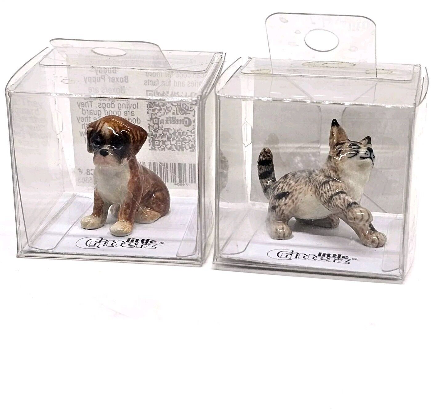 Two Little Critterz Miniature Porcelain Figurines Boxer Puppy Maine Coon Kitten 