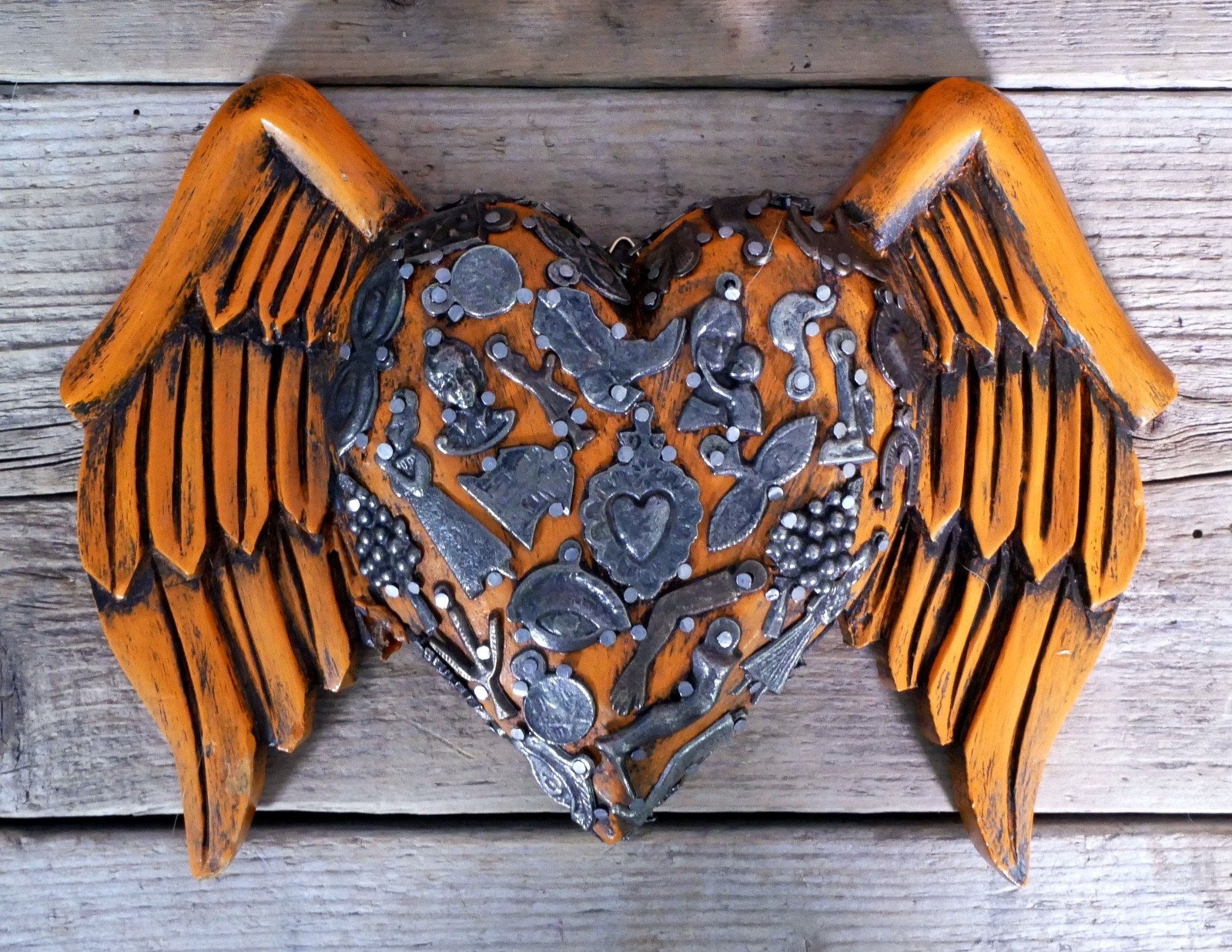 Yellow Heart Wings Milagros Handmade Wood Mexican Folk Art Love Token Medium Sz