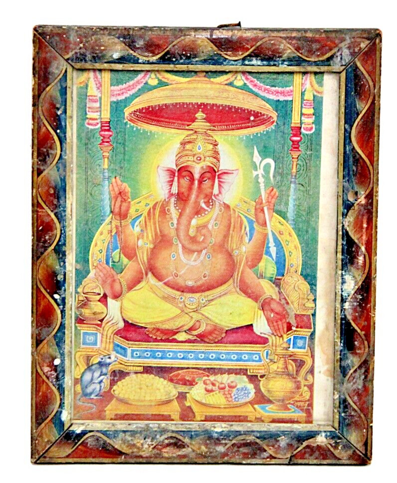 Vintage Lord Ganesha Lithograph Painted Wood Frame Art Vintage Lord Ganesha Lithograph Painted Wood Frame Art