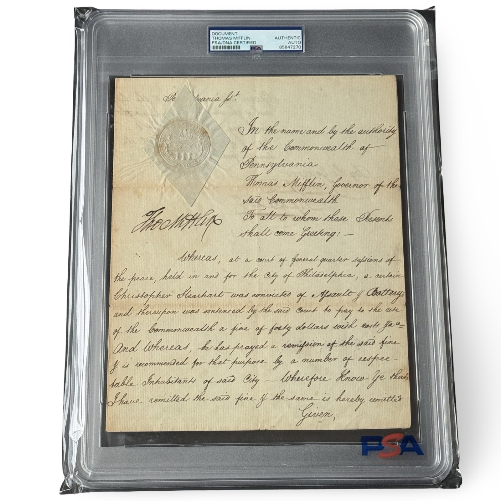 1799 Thomas Mifflin PSA/DNA Signed Document PA Governor Constitution Signer