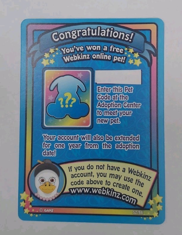 (s2-pet) Webkinz Random Pet Adoption Code From Series 2 - Unused  