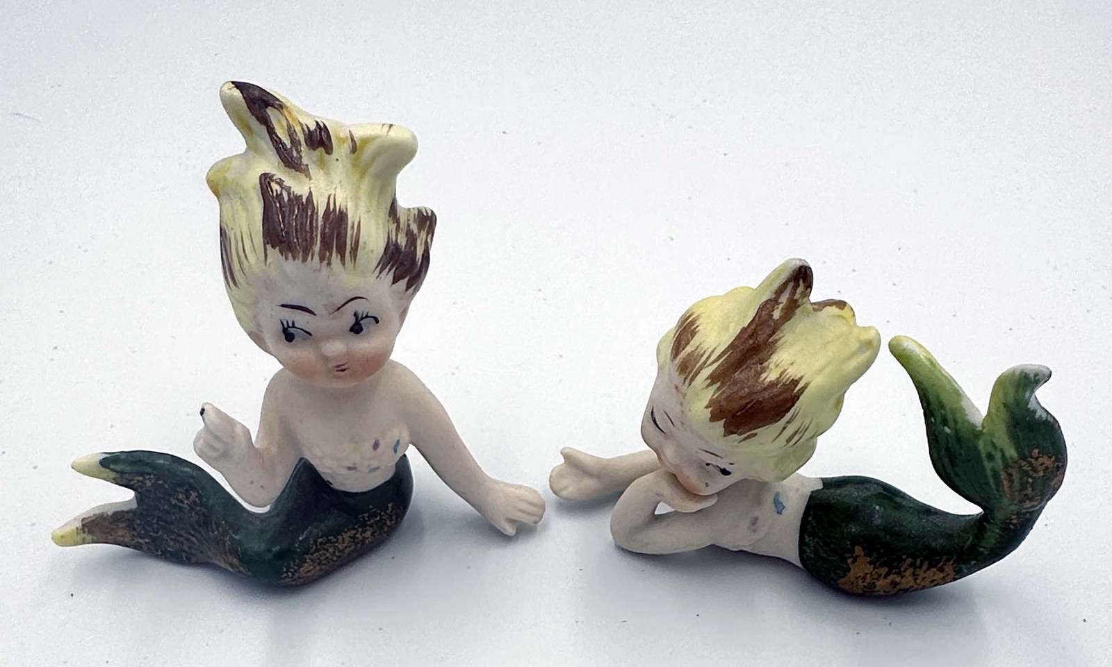 Vintage 1950\'s Pair Mid Century Bradley Wild Hair Ceramic Mermaid Rare Figurines