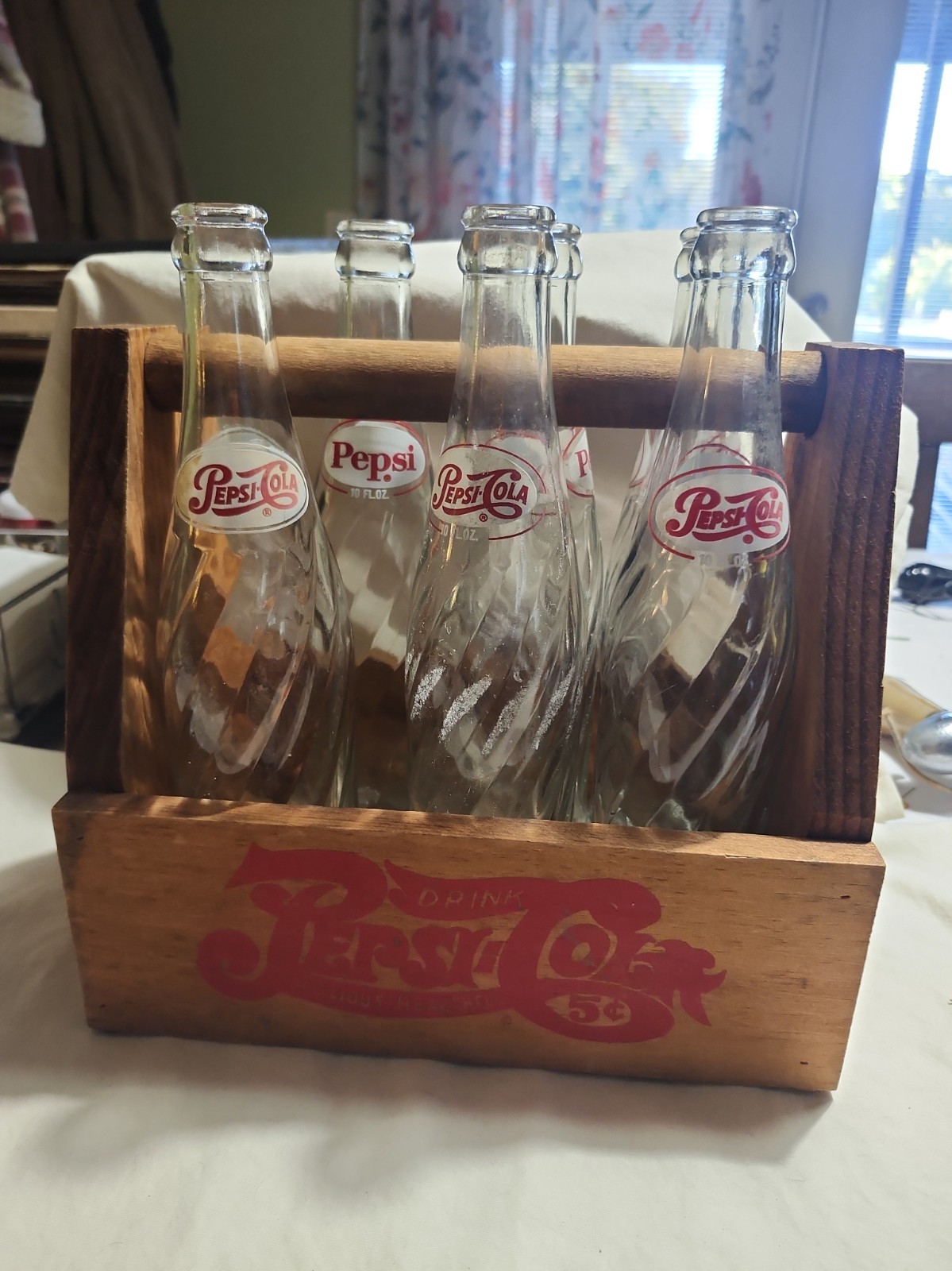 Vtg Pepsi-Cola Wooden Bottle Caddy Carrier with 4 Swirl Glass Bottles 10 fl Oz