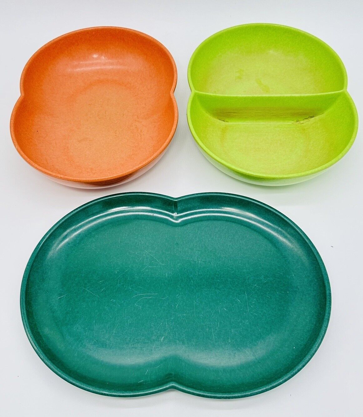3pc Melmac Color Flyte by Branchell Orange Green Double Bubble Platter Bowls