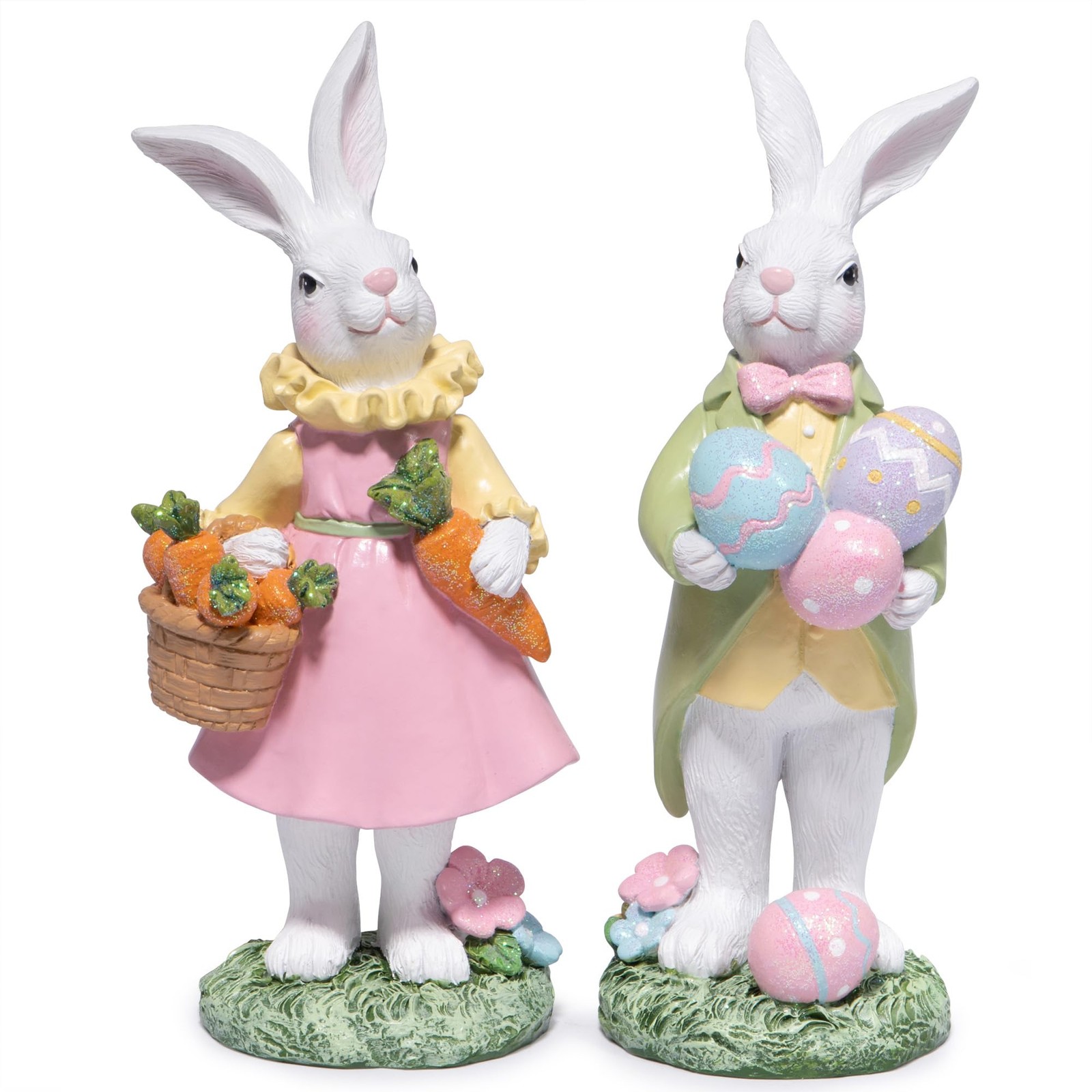 Hodao Easter Bunny Figurines Set of 2 White Resin Handcrafted Spring Decor