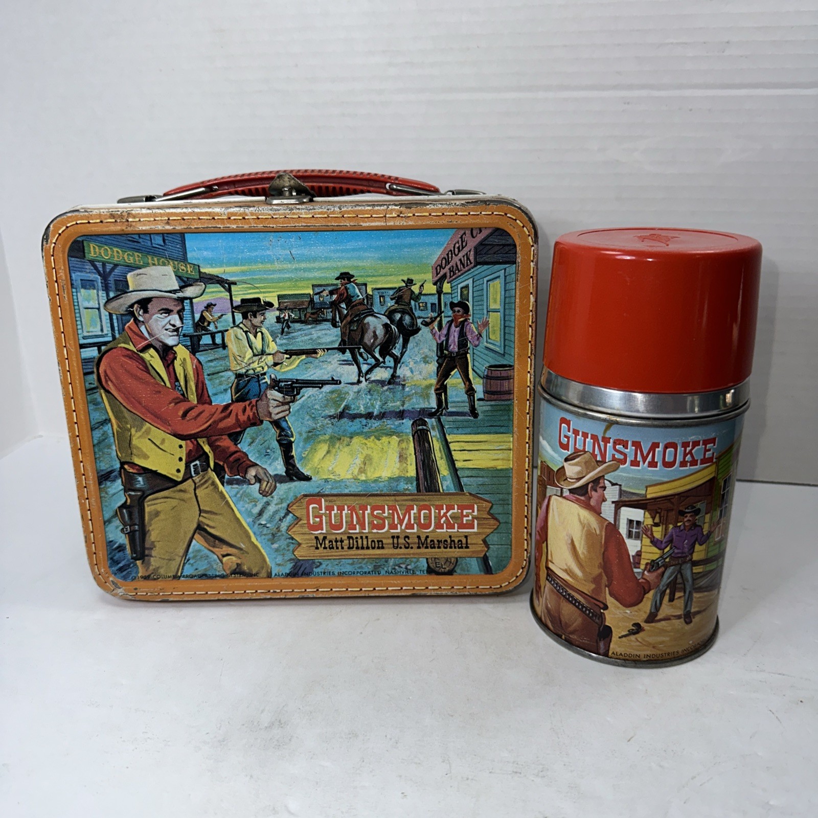 Vintage Gunsmoke Metal LunchBox Lunch Thermos 1959 Aladdin Matt Dillon