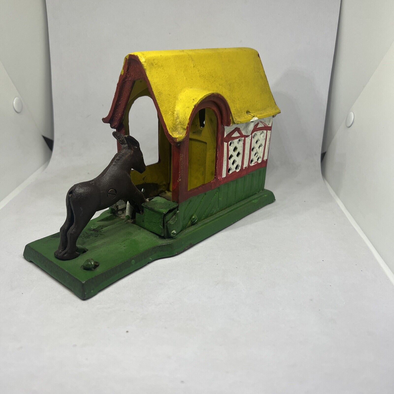 Vintage Mechanical Cast Iron Bank Donkey Mule Kicking Coin Taiwan