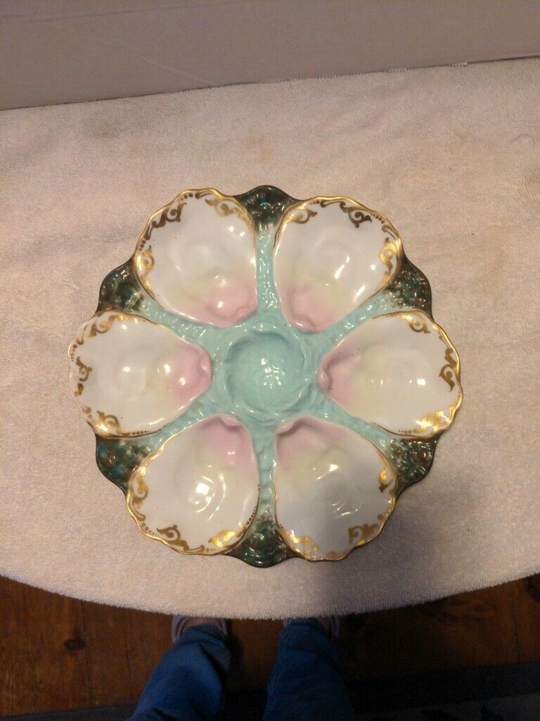 Antique French Porcelain Turquoise And Pink Oyster Plate