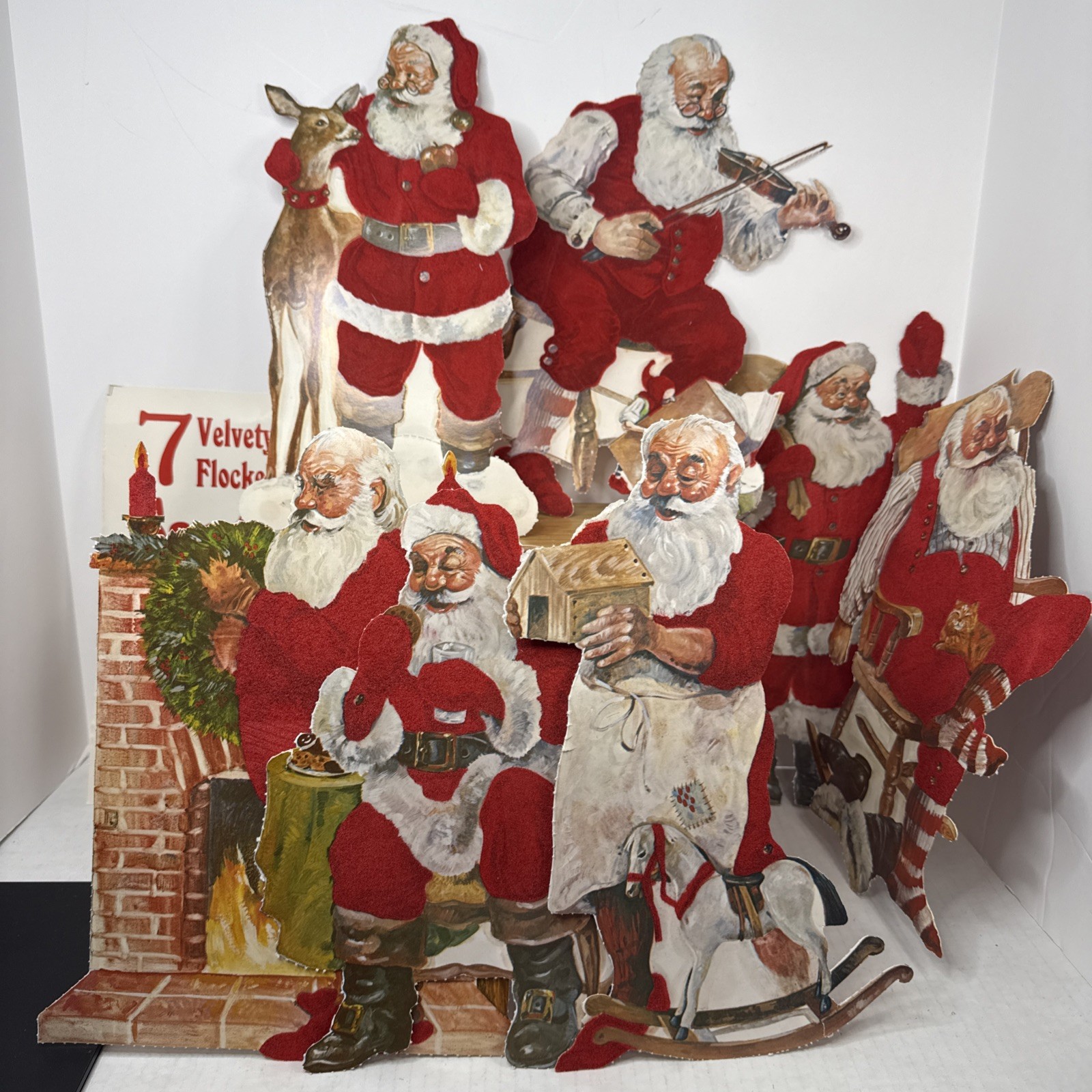 Vtg 1982 Peck 7 Velvety Flocked Santa Decorations Printed Both Sides USA
